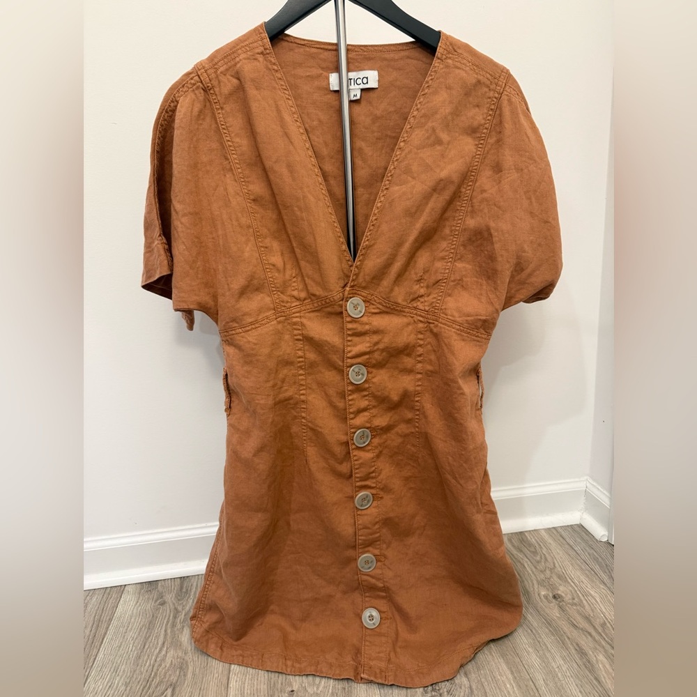 Ética Linen Blend Button Front Midi Dress Women’s Medium Brown Tan